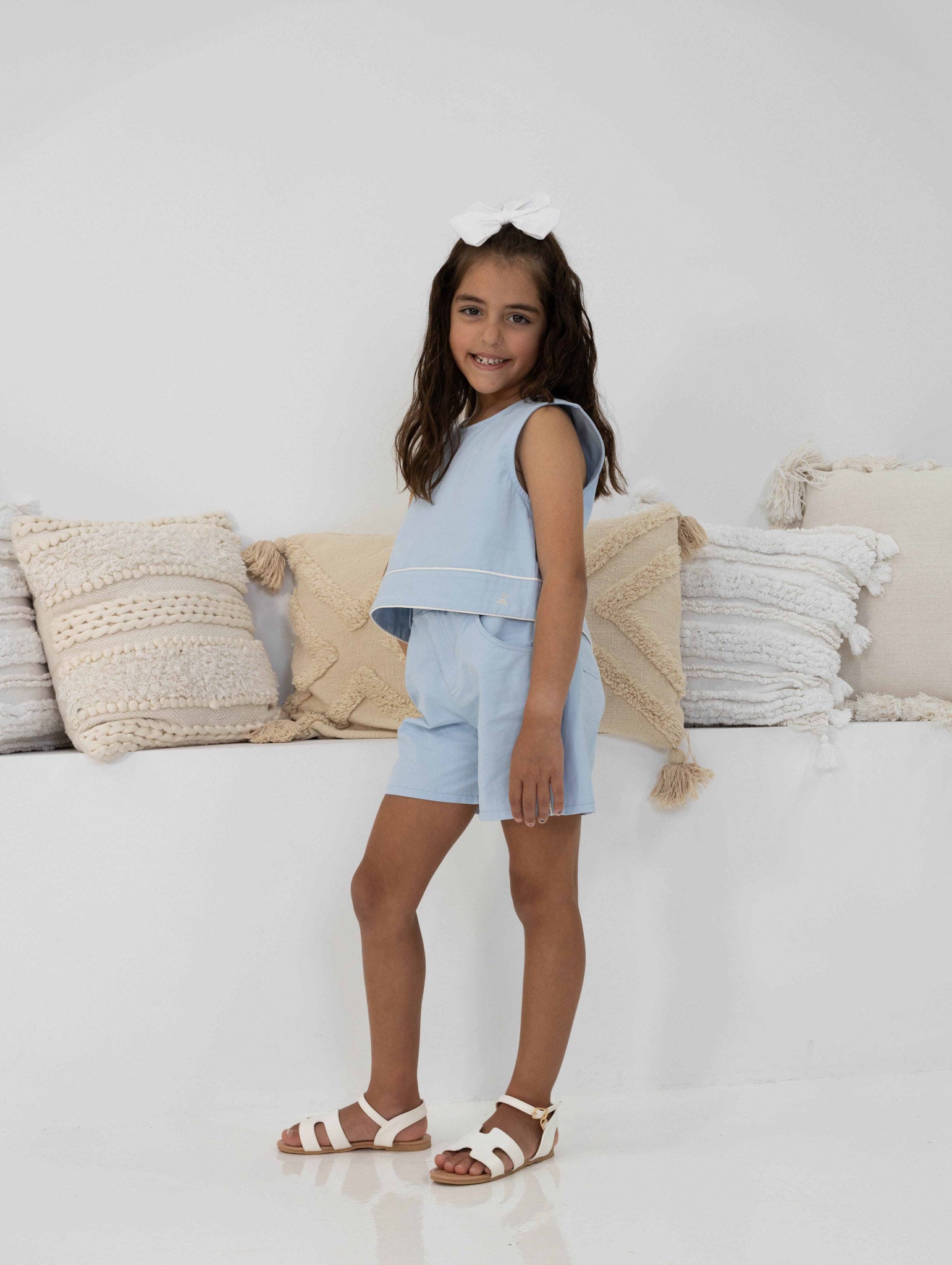 toddler girl wearing our Alice Set - light blue, cotton girls top and shorts