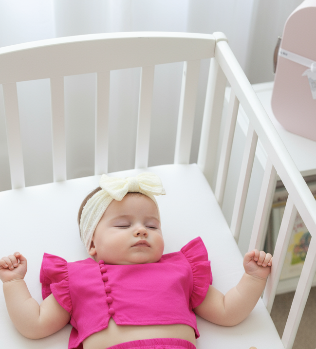 Baby in a pink outfit lying in a crib with a Yellow lace headband