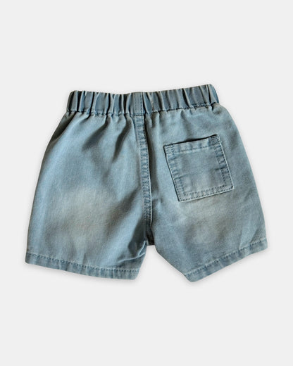 Denim shorts on a light gray background