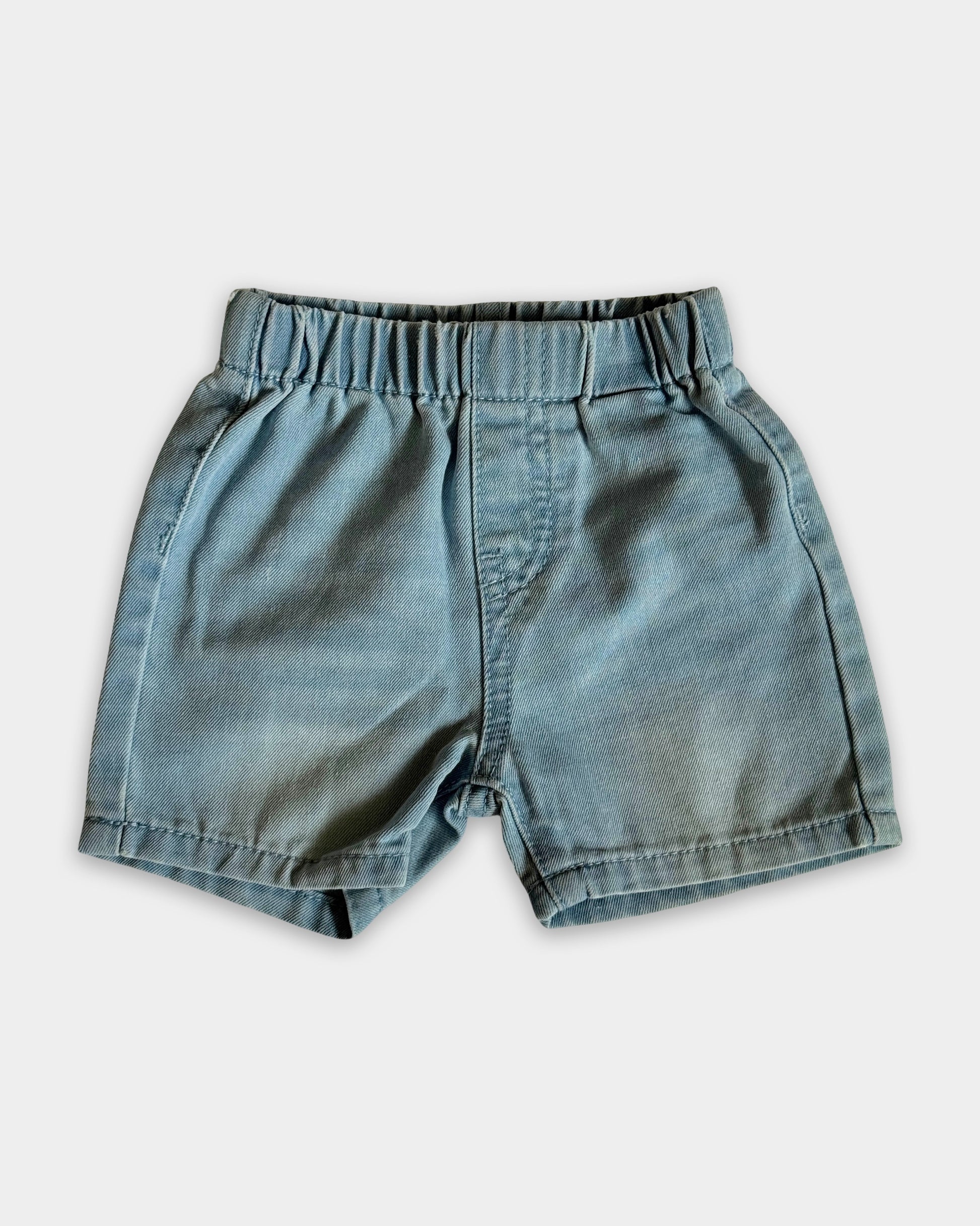 Light blue denim shorts on a white background
