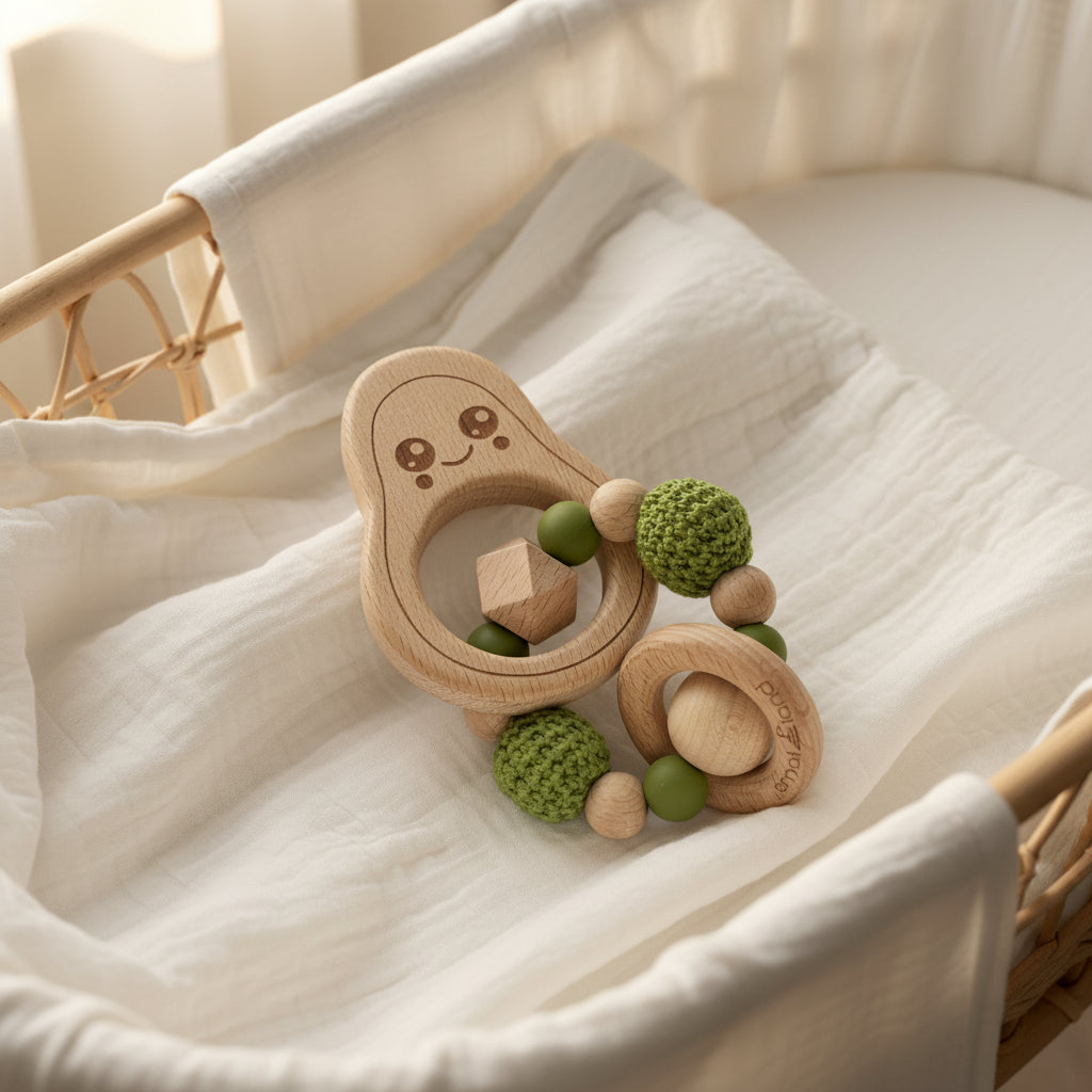 Wooden Avocado baby teething ring with green silicon beads on a white blanket