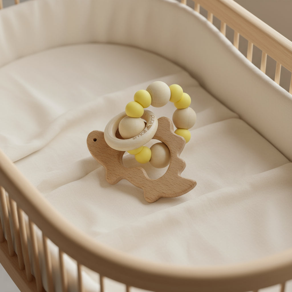 Wooden Dino teething ring with yellow silicon beads on a soft beige surface