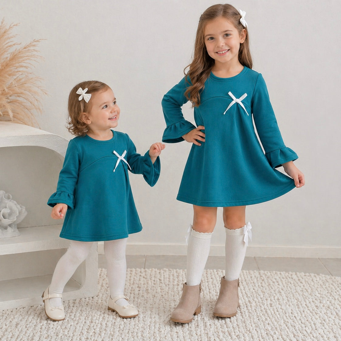 Two young toddler girls one 3 and one 7years old wearing the Maya mini winter dress in teal green, standing on some white carpet, posing and smiling.