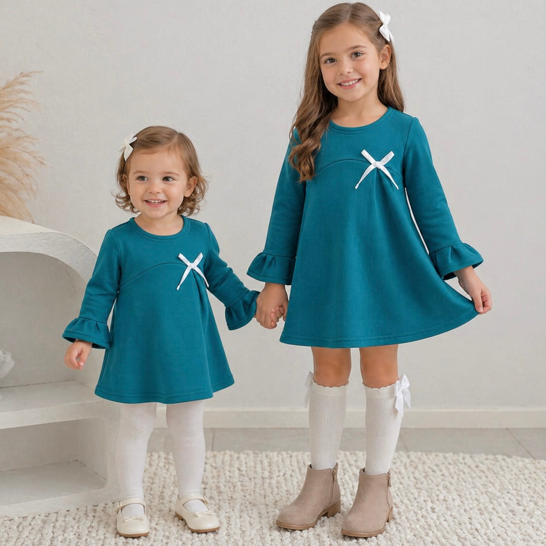Two young toddler girls wearing the Maya mini winter dress in teal green, standing on some white carpet.