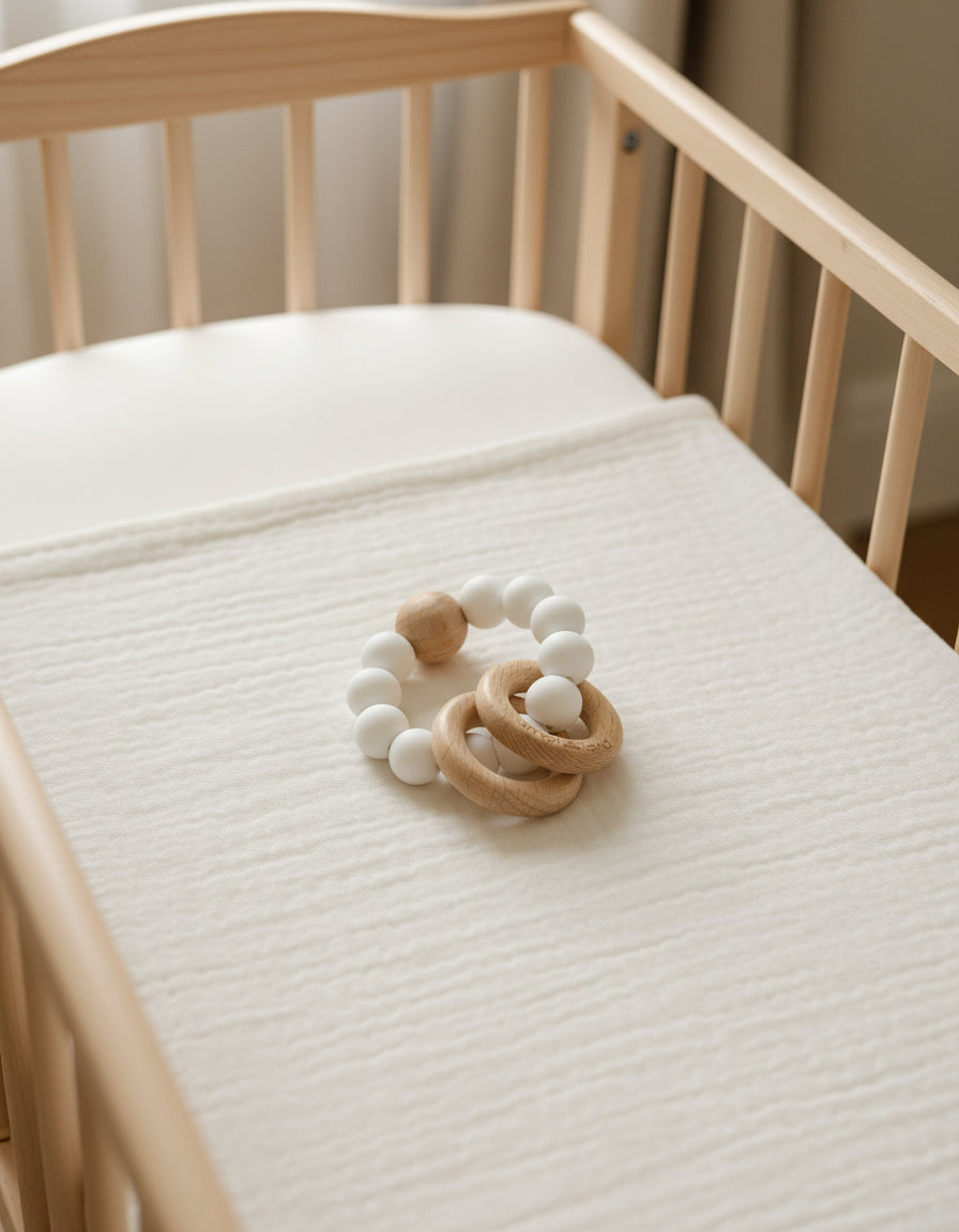 Wooden teething ring with white silicon beads on a soft beige surface