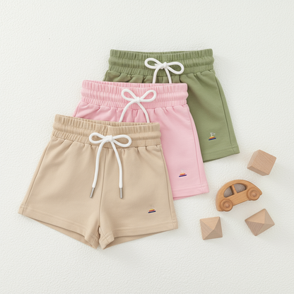 Three pairs of shorts in beige, pink, and green on a white background with wooden toys.