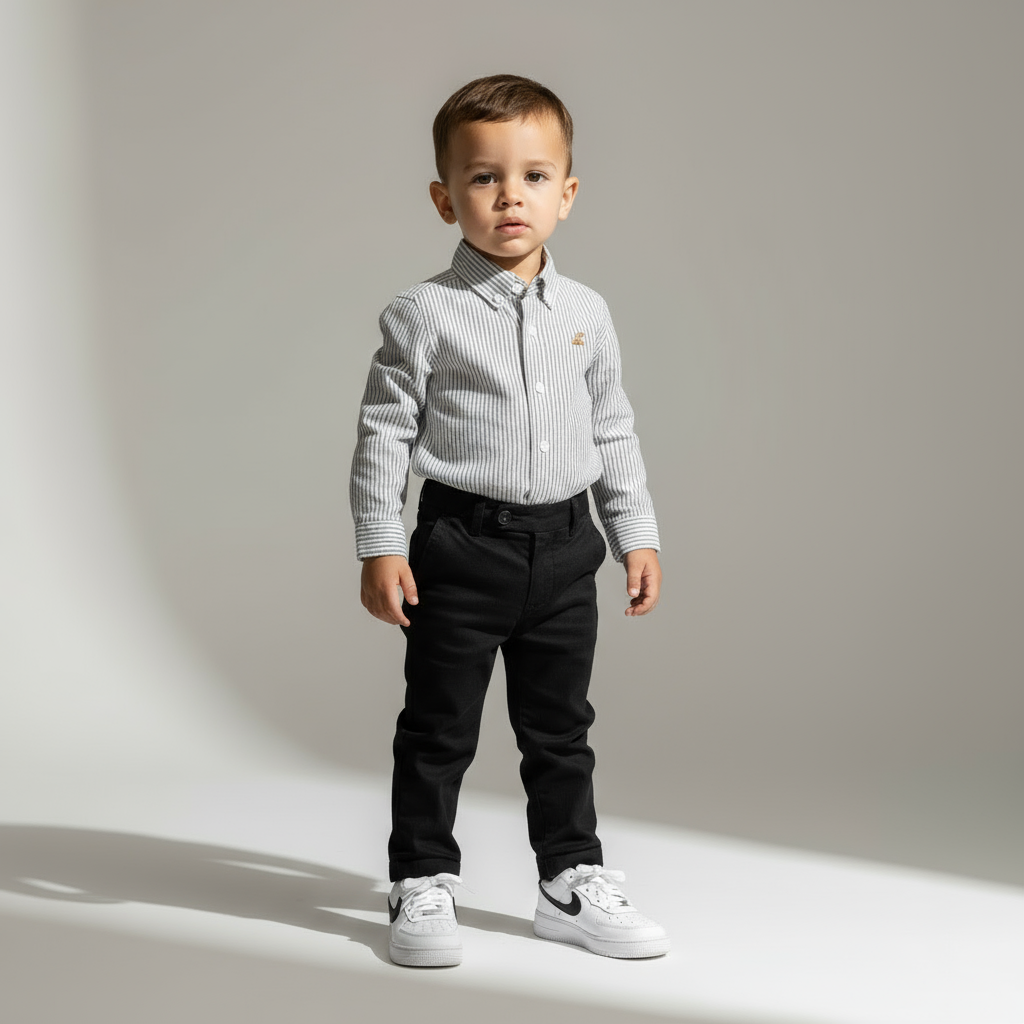 Boys Button Up Shirt - Grey Pinstripe