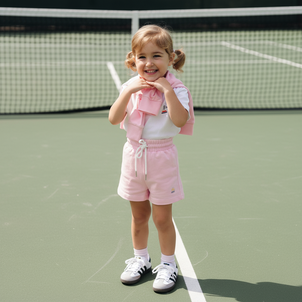 Toddler girl standing on a tennis court with our signature unisex strawberry milkshake (pink) colour sweatshirt over their shoulder, wearing small land signature white tee and matching signature unisex kids shorts