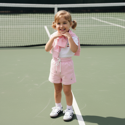 Toddler girl standing on a tennis court with our signature unisex strawberry milkshake (pink) colour sweatshirt over their shoulder, wearing small land signature white tee and matching signature unisex kids shorts
