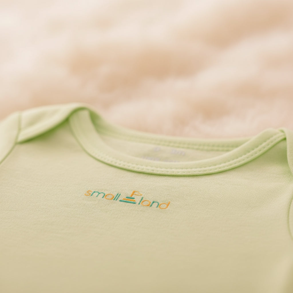 Close-up of a light green baby outfit with 'Small & Land' branding on a soft beige background.