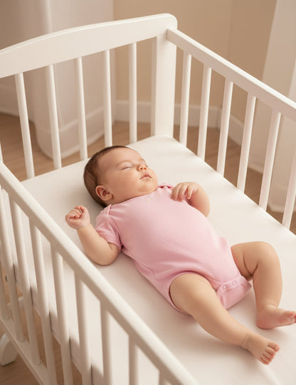 Baby in a pink onesie lying in a white crib.