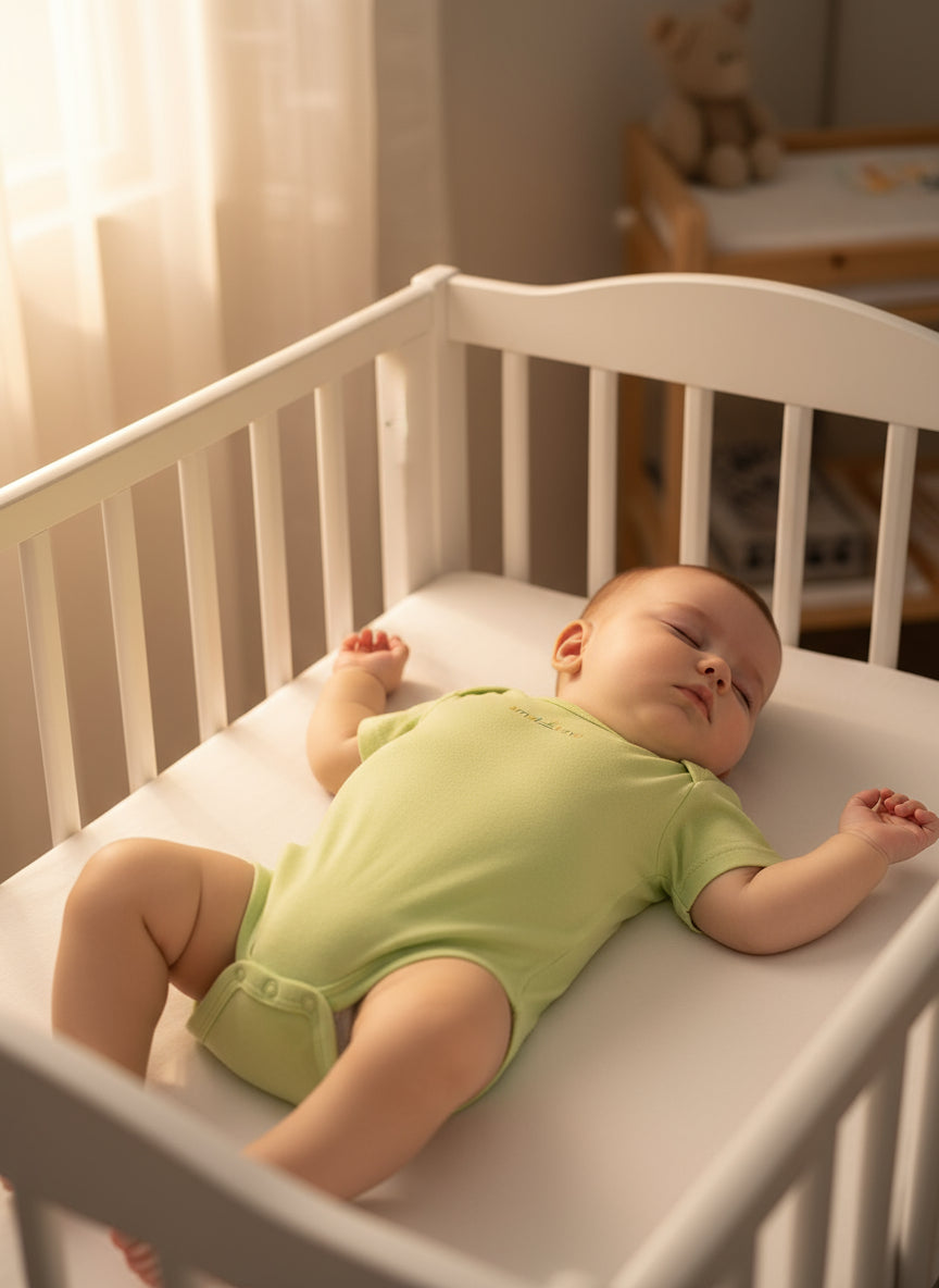 Baby in a green onesie lying in a white crib with soft lighting.