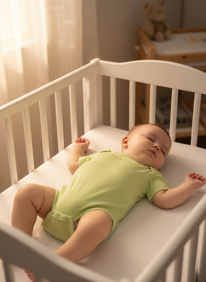 Baby in a green onesie lying in a white crib with soft lighting.